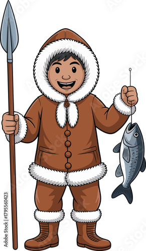 Arctic hunter illustration, traditional cold-weather clothing, indigenous character vector, spear and fish, cultural winter scene, cartoon style design