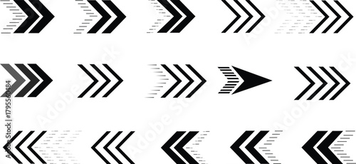 Collection of modern black and white arrow icons pointing forward. Set of graphic chevron symbols for direction