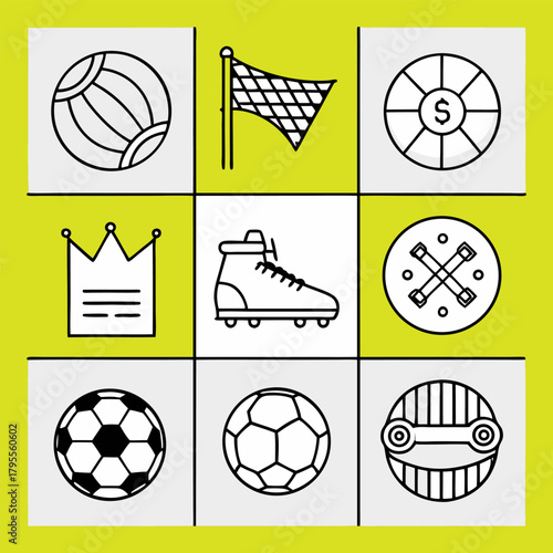 WeRealistic fan attributes round concept with soccer ball supporter horned and cylinder hats cap badges scarf foam gloves tickets flags vuvuzela trumpets illustration