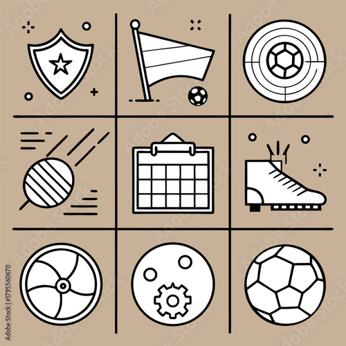 WeRealistic fan attributes round concept with soccer ball supporter horned and cylinder hats cap badges scarf foam gloves tickets flags vuvuzela trumpets illustration