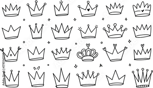 Hand-drawn crown illustration, royalty icon set, black and white vector, decorative crown design, whimsical royal symbols, fantasy themed sketch