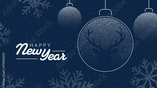 Happy New Year greeting card with decorative Christmas ornaments, snowflakes, and a deer silhouette. Winter holiday celebration poster.