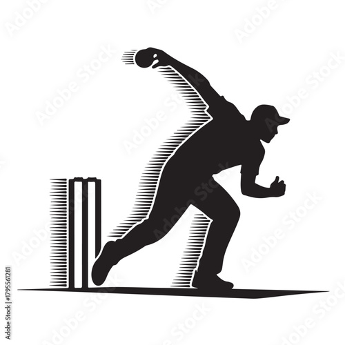 Silhouette of a cricket bowler in action, preparing to deliver the ball