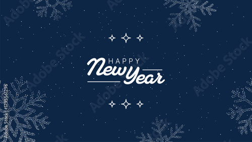 Happy New Year text with snowflakes and stars on a dark blue background. Winter holiday celebration and greeting card concept.