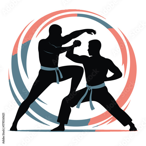 Two martial artists in silhouette are engaged in a dynamic sparring match