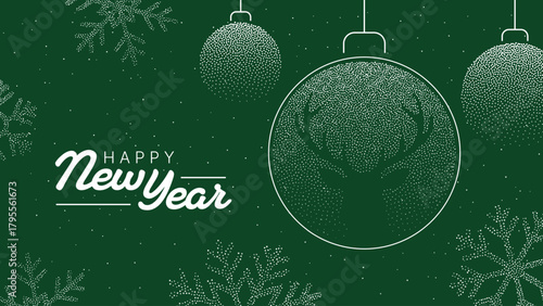 Happy New Year ornate greeting card with deer head in christmas ball and snowflake pattern. Holiday vector illustration for winter celebration.