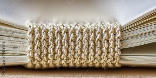 Close-up view of handmade bookbinding showcasing stitching detail on a softcover notebook in a bright workspace