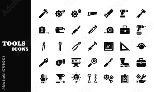 Professional collection of modern, clean icons depicting a wide variety of essential tools for construction, repair, and industry, perfect for digital projects.
