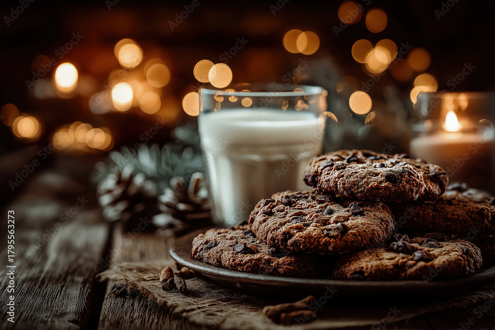 Naklejka premium Cookies de Noël faits maison avec verre de lait, décorations festives et ambiance chaleureuse hivernale, tradition gourmande du Père Noël