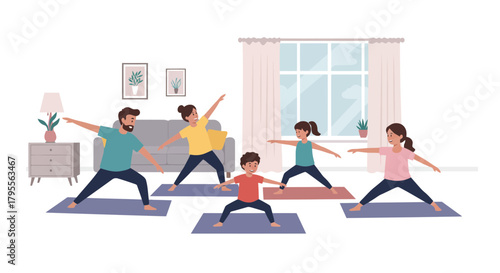 Family doing yoga at home