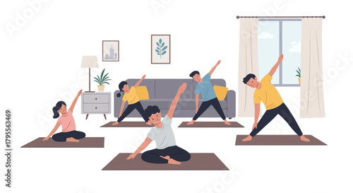 People doing yoga in living room