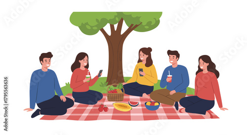Group enjoys outdoor picnic under tree with food and drinks