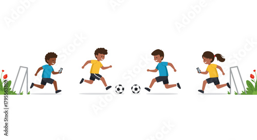 Children playing soccer with phone near goal