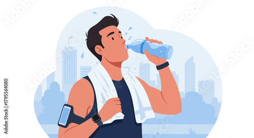 Man drinks water bottle after exercise in city