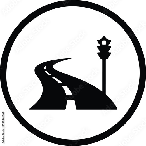 Illustrator Winding road with traffic lights in a circle Silhouette vector