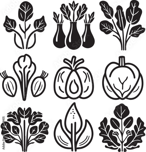 Set of organic fresh vegetables icons vector black and white icons 