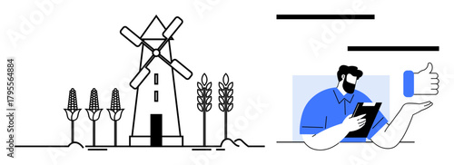 Windmill alongside corn and wheat, man using a tablet with thumbs-up icon. Ideal for agriculture, technology, sustainability, farming, innovation, rural industry and modern solutions. A simple flat