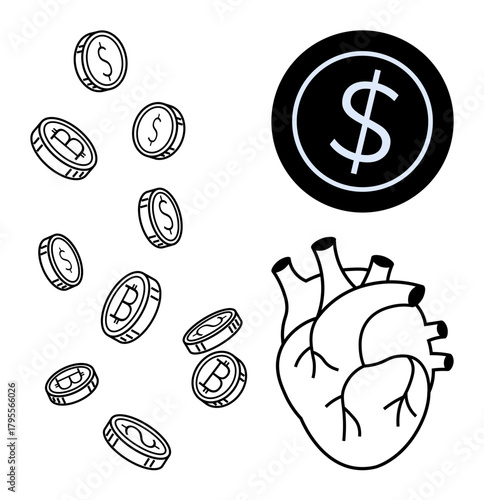 Anatomical heart next to scattered coins including cryptocurrency and black coin with dollar sign. Ideal for finance, investments, economics, cryptocurrency, wealth, budgeting, simple flat metaphor