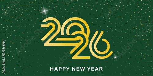 A stylish golden 2026 numeral is centered on a dark green, speckled background with subtle stars, wishing a happy new year.