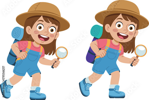 Cute cartoon girl explorer walking with magnifying glass, young adventurer character carrying backpack and camping mat, outdoor adventure, kids exploration illustration