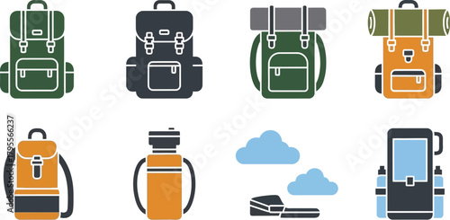 Collection of colorful camping backpacks and hiking gear for outdoor adventures