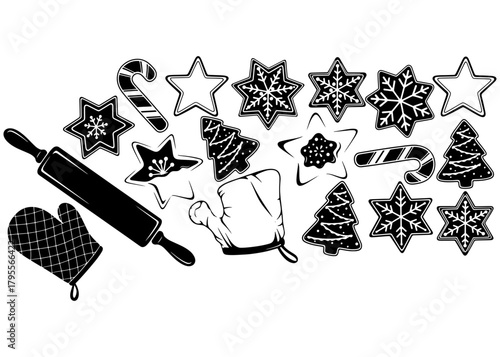 Christmas baking icon set. Holiday cookies (star, snowflake, tree), rolling pin, and oven mitt. Black and white graphic vector illustration.