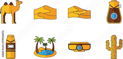 Desert adventure icons: camel, dunes, oasis, canteen, and cactus