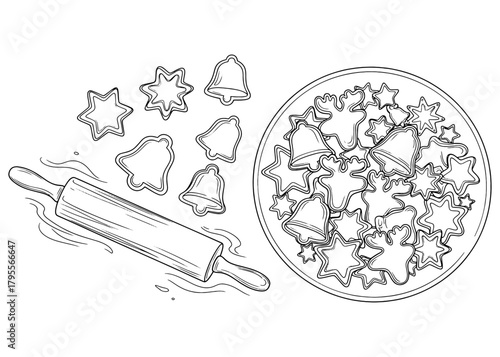  Festive holiday baking with a rolling pin, cookie cutters, and a plate of homemade Christmas cookies. Black and white line art vector for coloring.