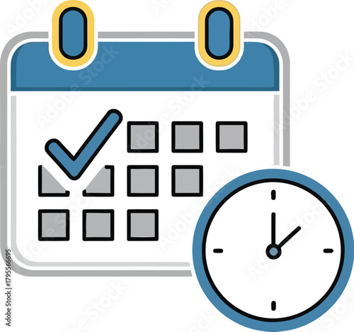 Calendar with checkmark and clock, symbolizing scheduling and time management.