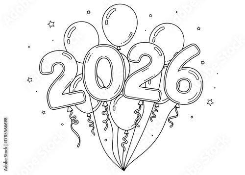  2026 New Year celebration balloons. Hand-drawn party illustration with stars and ribbons. Black and white line art vector for a coloring page.