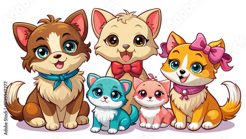 Very beautiful adorable puppies and kittens with cute bows, isolated on a clean white background, featuring charming baby animals in a soft, playful, studio-style illustration suitable for decorative 