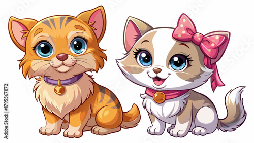 Very beautiful adorable puppies and kittens with cute bows, isolated on a clean white background, featuring charming baby animals in a soft, playful, studio-style illustration suitable for decorative 