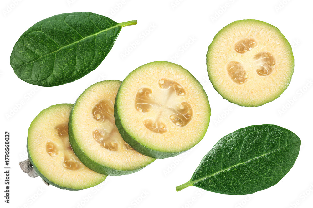 Fototapeta premium Feijoa fruit isolated on white background. Top view. Flat lay