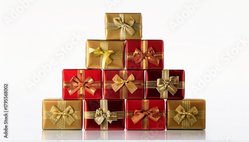 a pyramid of red and gold gift boxes isolated on white background
