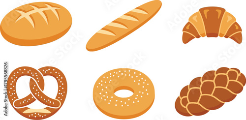 Assortment of freshly baked breads and pastries displayed on a clean white background