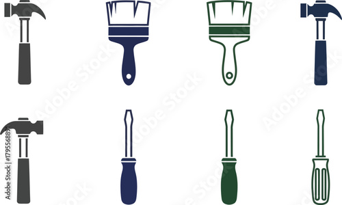 Collection of four distinct tools: two hammers and two screwdrivers, alongside two paintbrushes, all in a clean, organized arrangement.