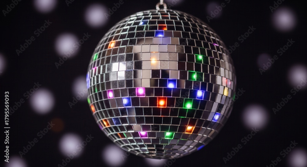Obraz premium A sparkling disco ball reflects colorful lights against a dark bokeh background. This image evokes a fun, retro party vibe. Ideal for music events, celebrations, or nostalgic designs.