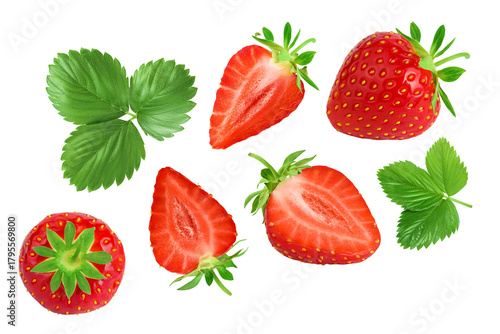 Strawberry half isolated on white background. Fresh berry with depth of field. Top view. Flat lay.