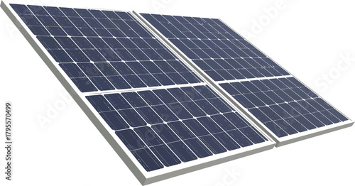 Modern solar panels reflecting sunlight on a clean white background, symbolizing renewable energy and sustainability.