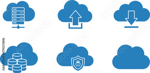 Collection of blue cloud icons representing data storage, upload, download, security, and databases.