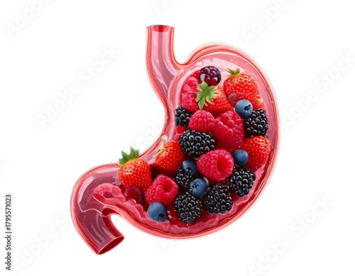 Human Stomach with Mixed Berries Inside, Front View, Realistic 3D Vector Illustration, Isolated on Transparent Background PNG