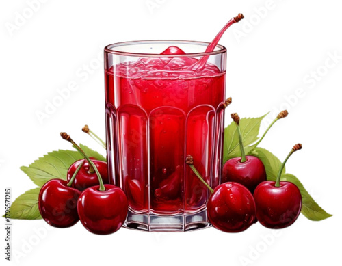Angled Side View of Fresh Cherry Juice with Berries, Realistic 3D Vector Drink Illustration, Isolated Transparent Background PNG
