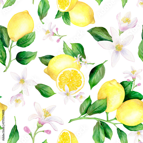 Wallpaper Mural A seamless pattern with lemon branches, yellow lemon halves, flowers, and leaves. A juicy illustration of this tropical fruit. Hand-drawn with watercolors. Torontodigital.ca