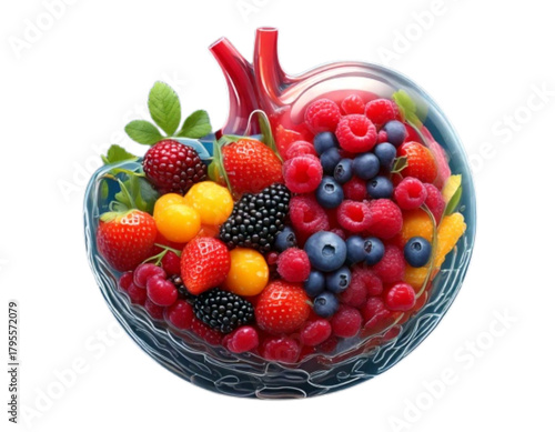 Angled Side View of Human Stomach Containing Strawberries and Berries, Medical Vector Illustration, Isolated on Transparent Background PNG