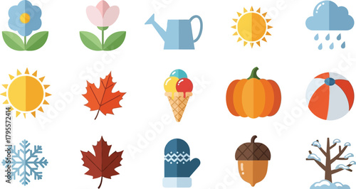 Collection of seasonal icons representing spring, summer, autumn, and winter.