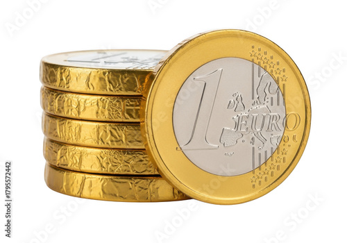 Closeup of a stack of gold chocolate coins wrapped in foil, with one euro coin prominently displayed, isolated on transparent background