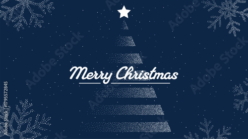 Merry Christmas greeting card with abstract dotted tree, star, and snowflakes on a dark blue background. Winter holiday season concept for banner.