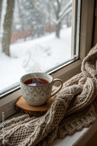 Coffee mug on the windowsill in the winter time