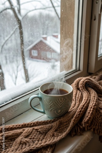 Coffee mug on the windowsill in the winter time