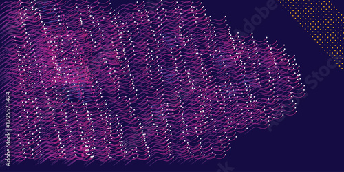 Abstract orange particles of optical fiber illustrationlines with dots over dark background. connecting or big data concept